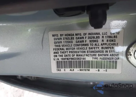 2012 Honda Civic Ex from USA, damaged, VIN 19XFB2F86CE063144